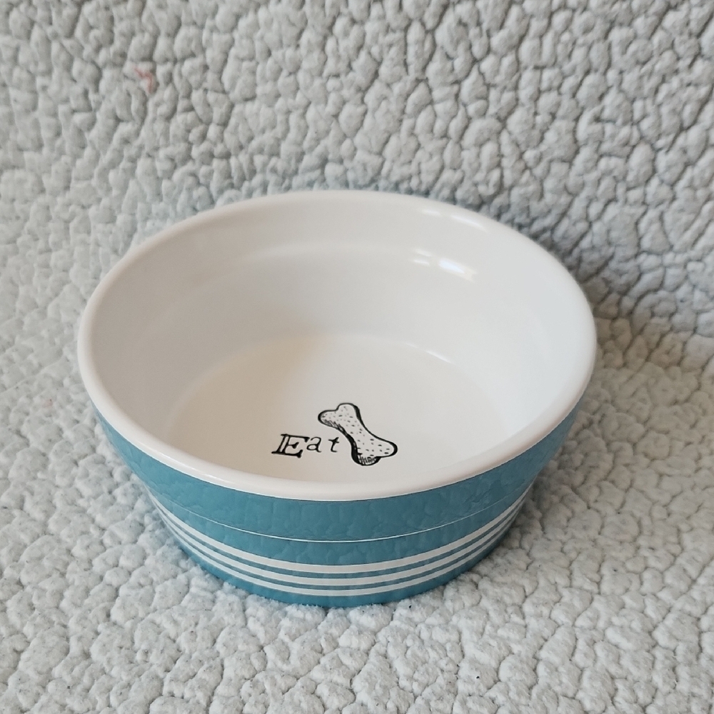 Winifred & Lily Dog Eat Food Bowl Retro Blue And White Striped Bowl With Bone